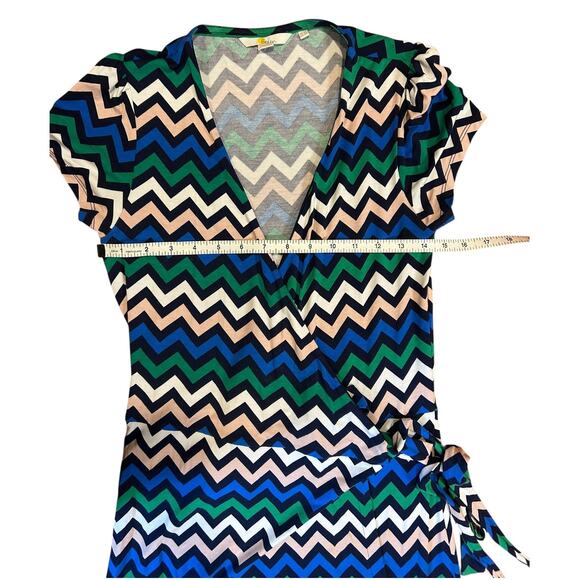 BODEN Women's Wrap Dress Size UK 8 US 4 Navy Blue Green Chevron Jersey Knee - Picture 4 of 8